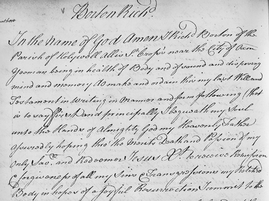 Richard Borton’s Last Will and Testament 1714